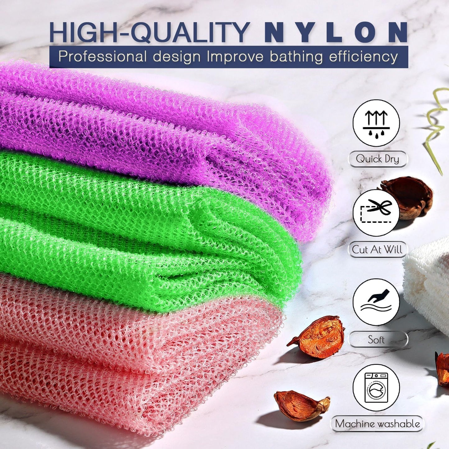UJFQBH 3 Pieces African Bath Sponge African Net Long Net Bath Sponge Exfoliating Shower Body Scrubber Back Scrubber Skin Smoother,Great for Daily Use (Purple， Pink，Green)