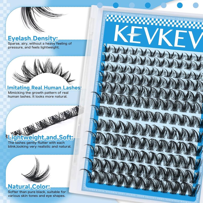 KEVKEV Lash Clusters Kit - 144pcs Manga Lashes with Thin Bands | DIY Eyelash Extensions 8-18mm