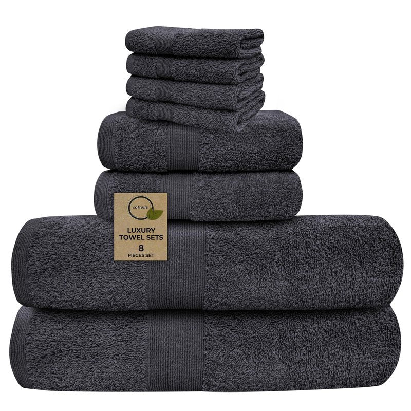 Softolle Luxury 8 Piece Towel Set, 2 Bath Towels 2 Hand Towels 4 Washcloths, Towels for Bathroom, Home, Spa & Gym - Highly Absorbent Ultra Soft Quick-Dry (Grey)