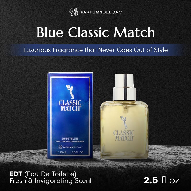 PB ParfumsBelcam Blue Classic Match Eau de Toilette Spray for Men – Modern Citrus Fougere Fragrance, Notes of Melon, Moss and Patchouli, Cologne Alternative, Signature Fragrance – 2.54 Fl Oz