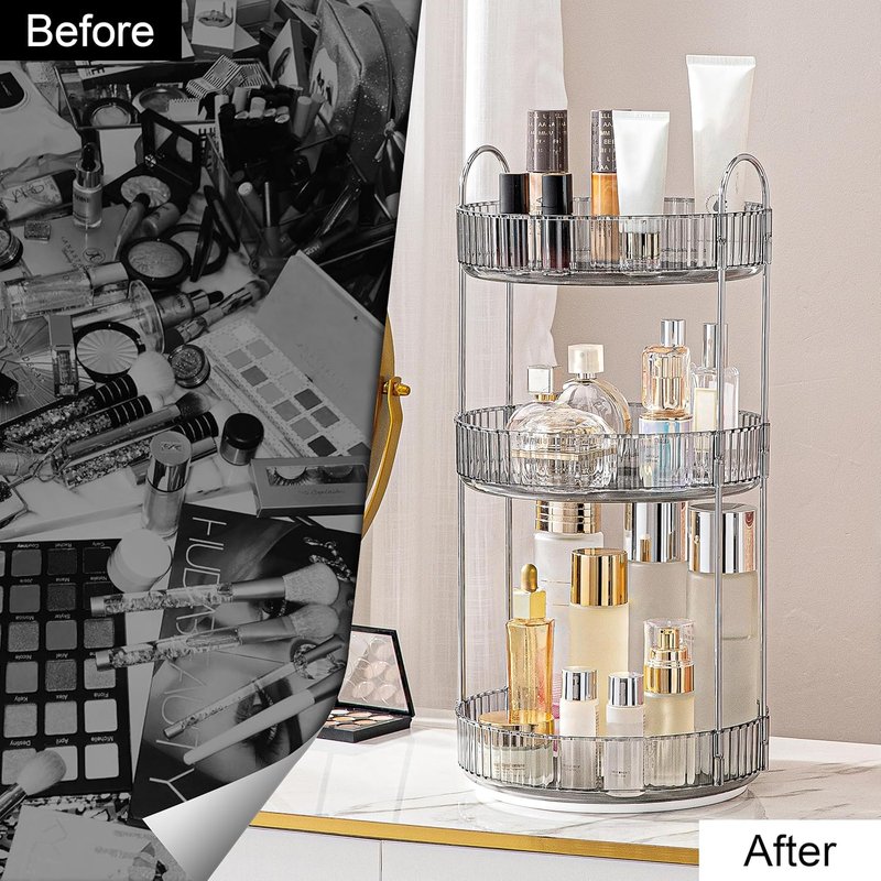 Skiennix 360 Rotating Makeup Organizer - High-Capacity Vanity & Bathroom Storage | 3-Tier Grey Rack