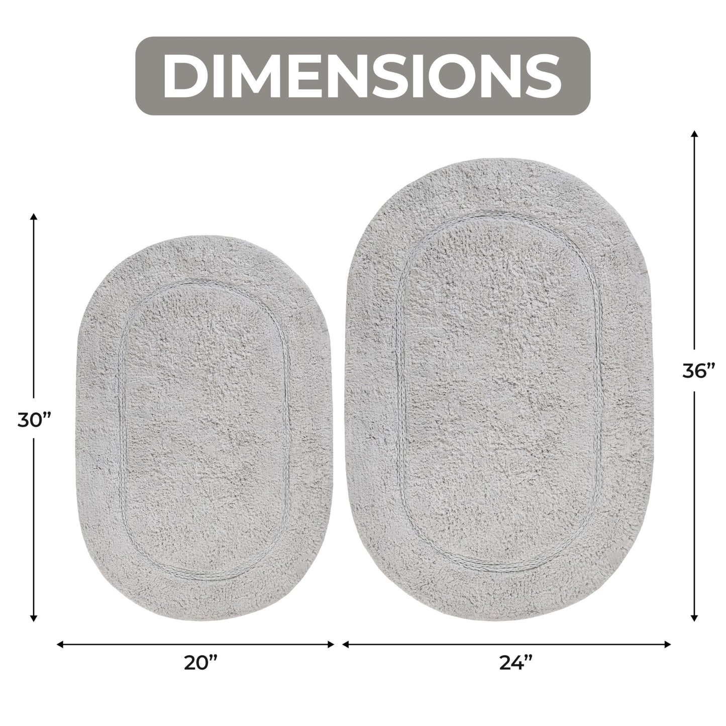 Superior Non-Slip 2 Piece Bath Rug Set, Ultra Plush, Soft and Absorbent 100% Combed Cotton Pile - Traditional Oval Bath Mat Set, Silver