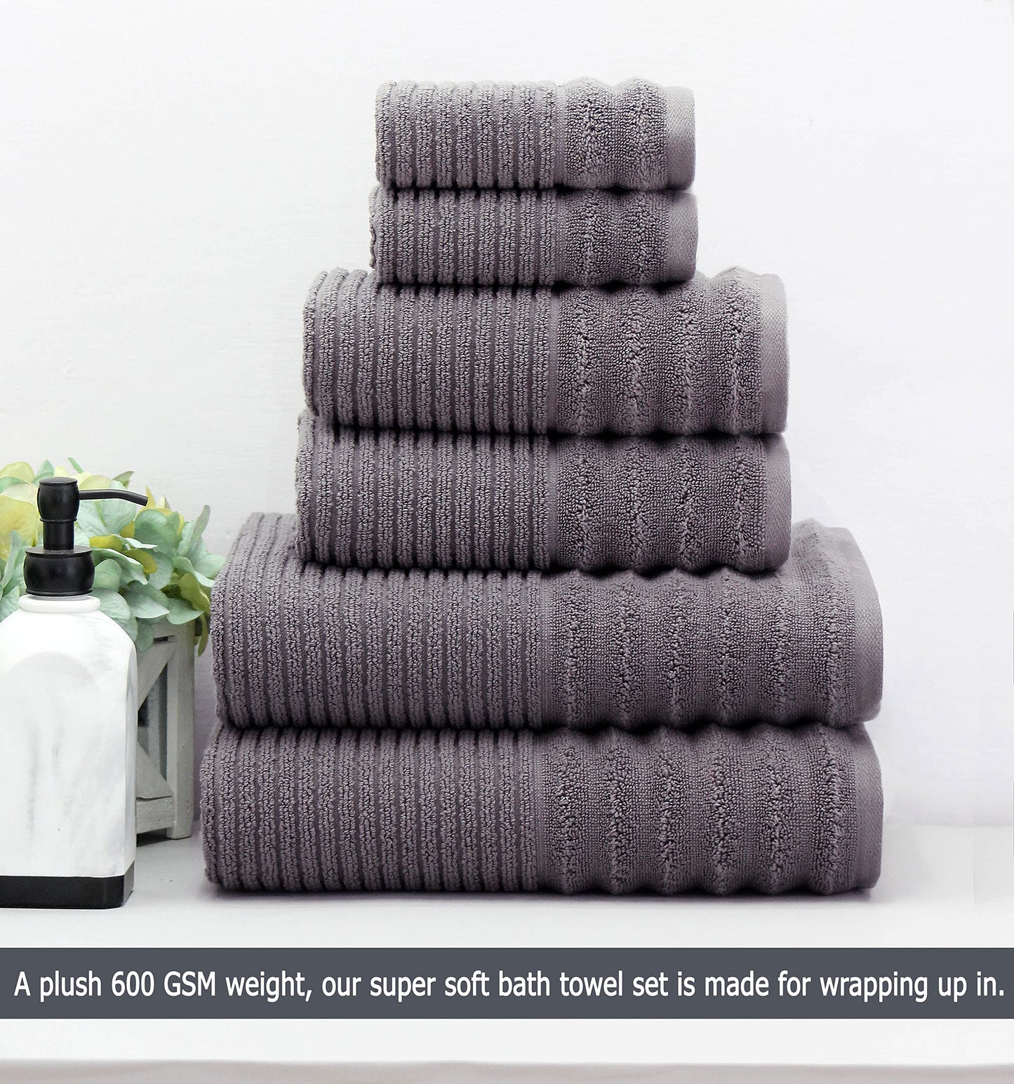 COTTON CRAFT 6 Piece Towel Set - 100% Cotton Plush 600 GSM Sculpted Super Zero Twist Pleated Ribbed Bathroom Towel Set - Soft Absorbent Luxury - 2 Bath Towel, 2 Hand Towel, 2 Washcloth - Charcoal Grey