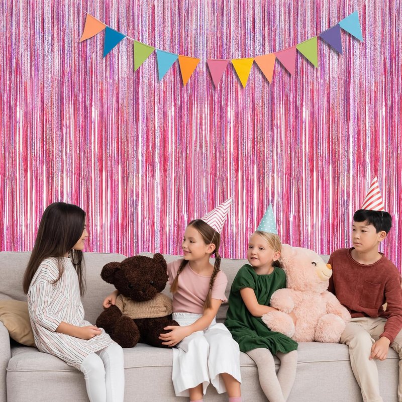 Skiennix Glitter Pink Backdrop - 2 Pack Laser Pink Fringe Curtains | 3.28 FT x 7.05 FT Birthday Party Decor