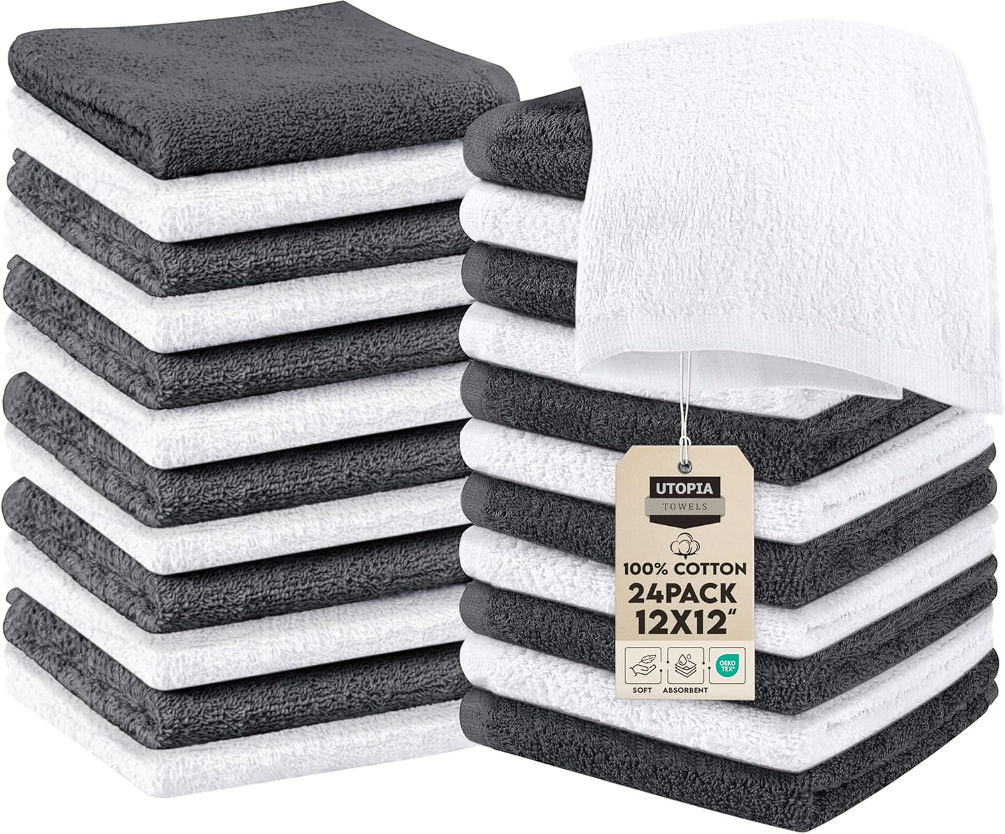 Utopia Towels 24-Pack Cotton Washcloths Set - Premium Flannel Face Cloths, Highly Absorbent, Grey & White