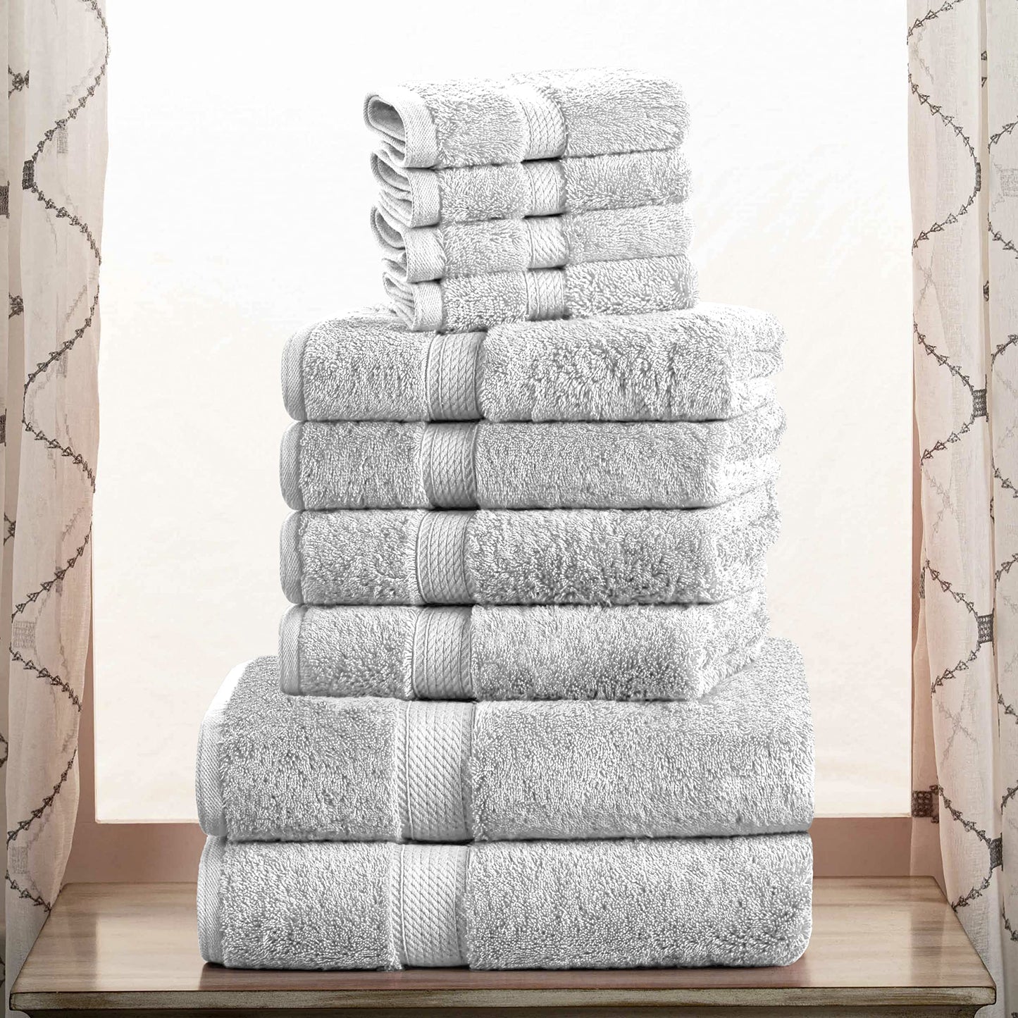 SUPERIOR Egyptian Cotton Pile 8 Piece Towel Set, Includes 2 Bath, 2 Hand, 4 Face Towels/Washcloths, Ultra Soft Luxury Towels, Thick Plush Essentials, Guest Bath, Spa, Hotel Bathroom, Silver
