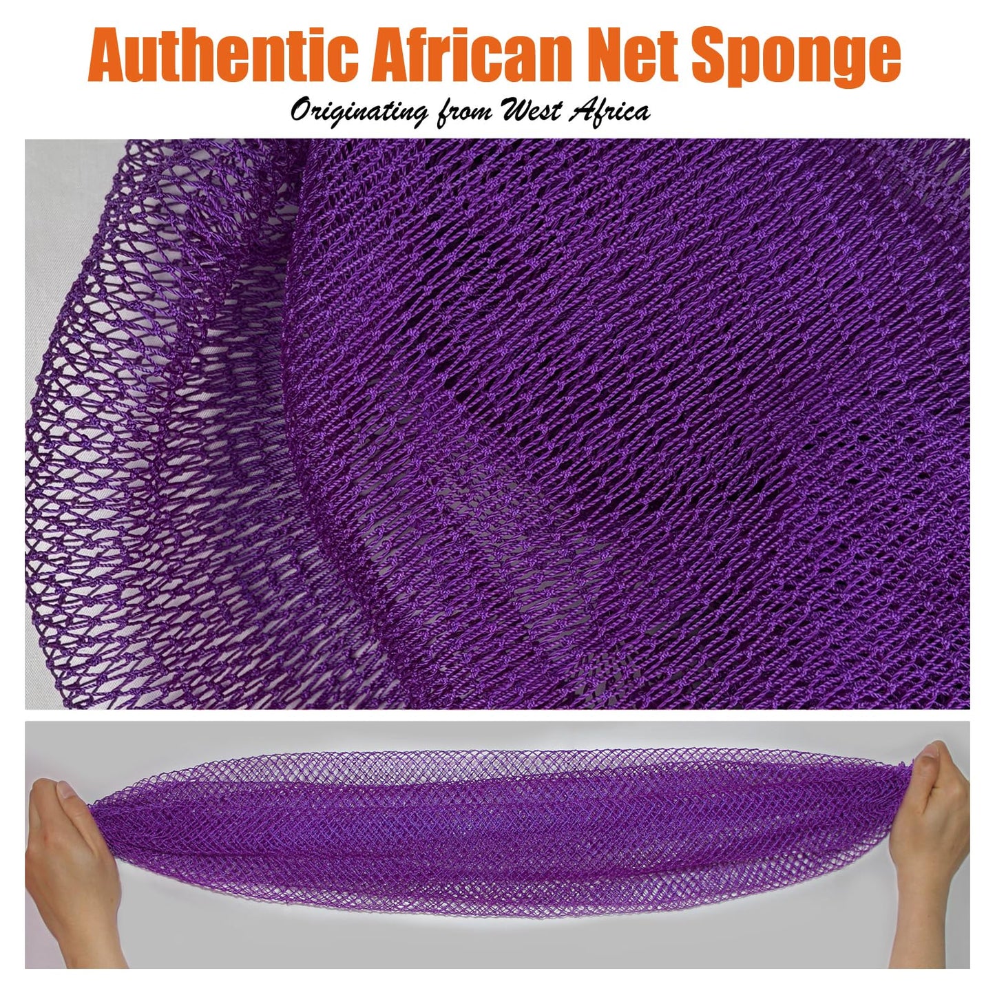 Unifab Authentic African Net Sponge with Knots, 2 Pieces African Exfoliating Net Real Sapo Sponge, Afro Scrub Wash Cloth Body Scrubber for Bath & Shower (Purple & Yellow)