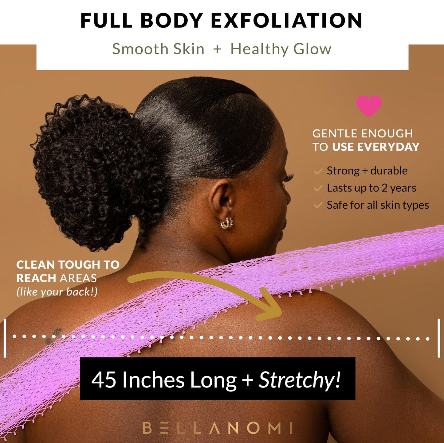 BELLANOMI African Exfoliating Net Sponge, Authentic, Ethically sourced from Nigeria, 45 inches Long, Back Scrubber for Daily use (Lilac)