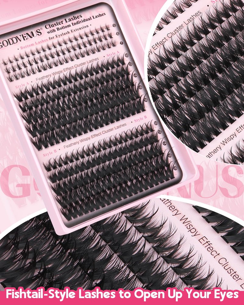 Goddvenus Wispy Eye Lash Clusters Kit Natural Cluster Eyelash Extensions Kit False Eyelash Clusters Fluffy DIY Individual Lash Extensions Kit C Curl