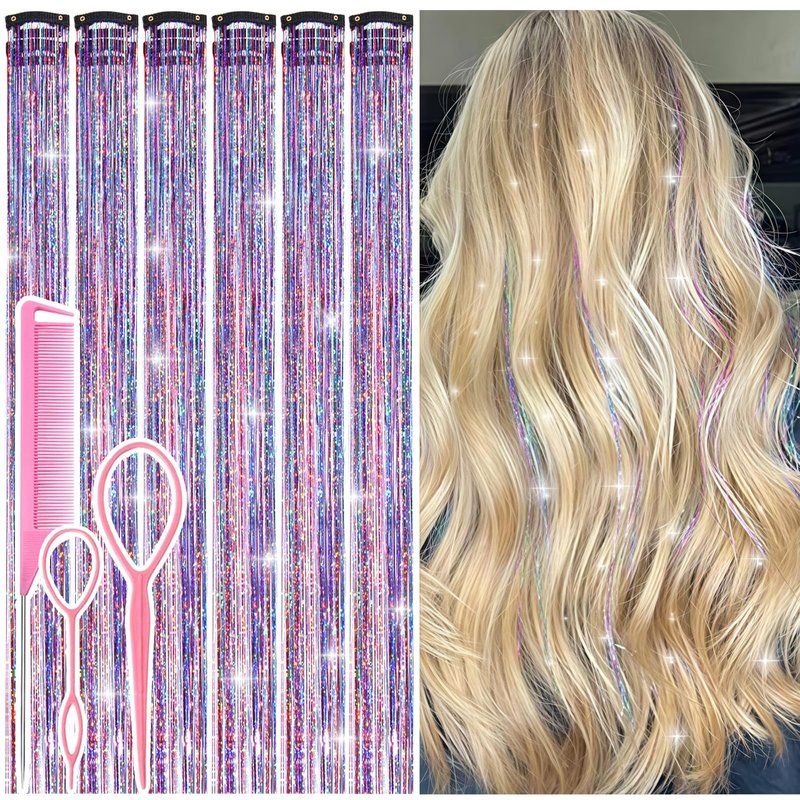 Hair Tinsel Clip in Dreamy Colorful Fairy Hair Tinsel Kit, 12 Pcs 24 Inch Glitter Clip in Hair Extensions for Girls Women Kids Christmas New Year Festival Party (Dreamy Colorful)