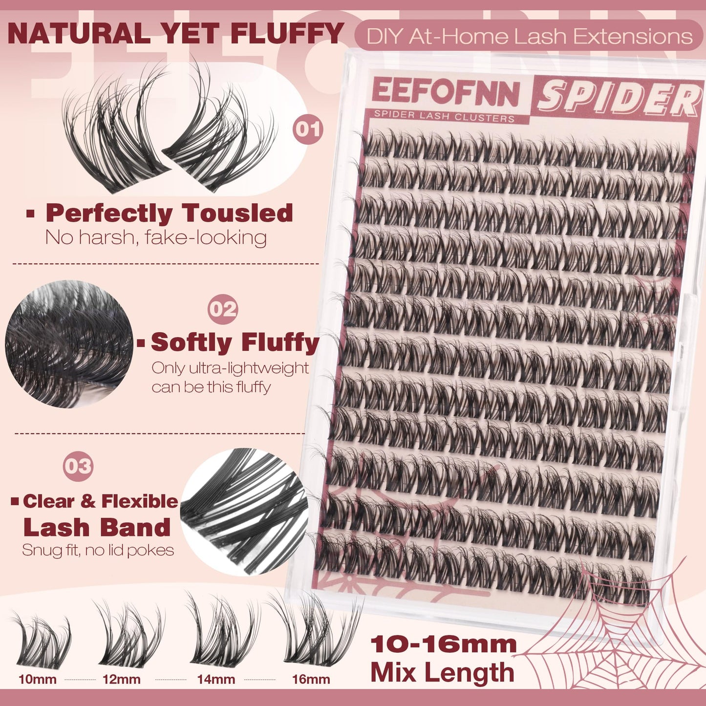 Spider Lash Clusters Wispy Eyelash Clusters Natural Lashes Clusters Fluffy Cluster Eyelash Extensions DD Curl Breeze Individual Lashes 10-16mm Lash Extensions with Invisible Band by Eefofnn
