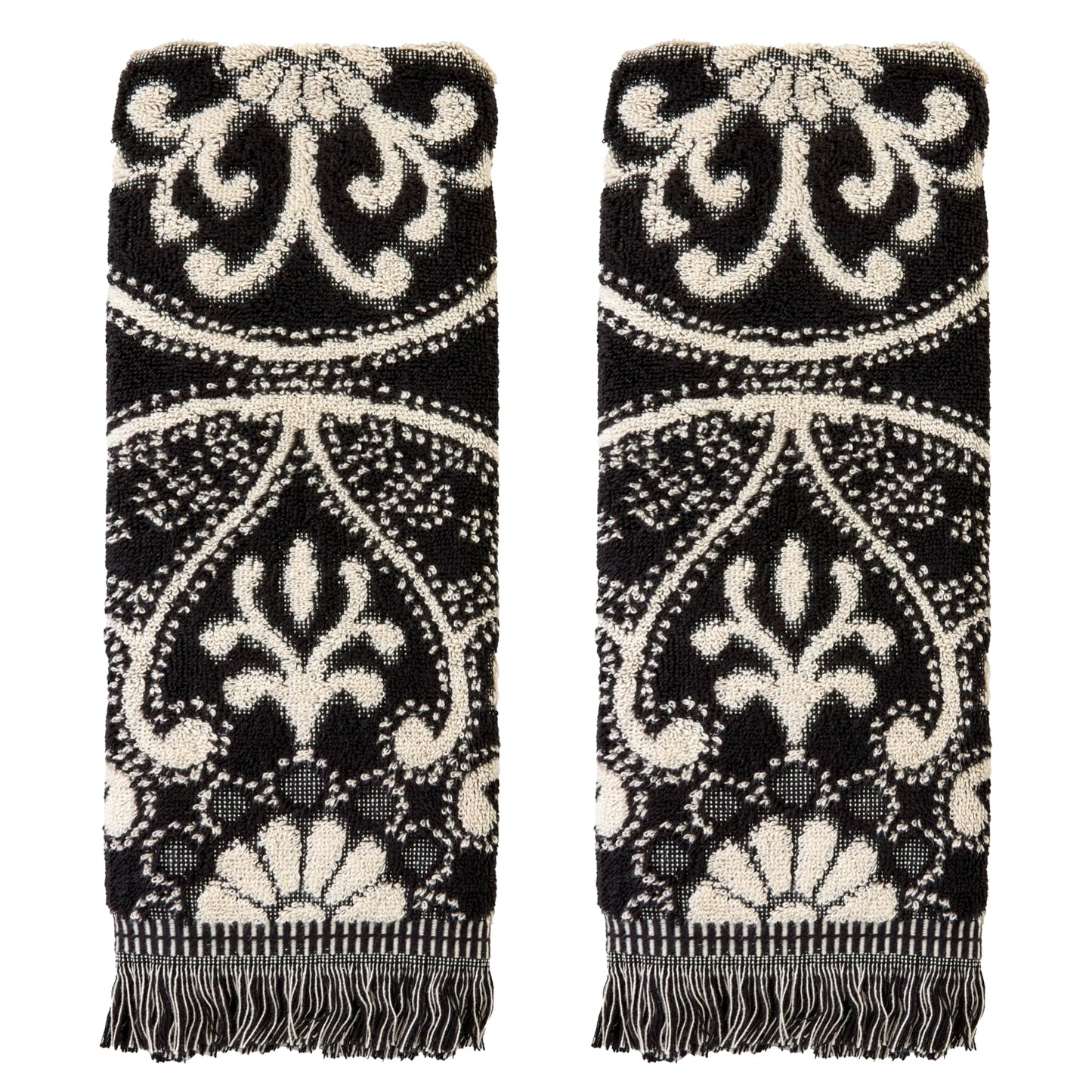 SKL Home Amherst Medallion 100% Cotton Premium 2-Piece Hand Towel Set, 600 GSM, Reversible Jacquard, Soft & Absorbent, Decorative for Bath/Kitchen/Bar & Gift, Black