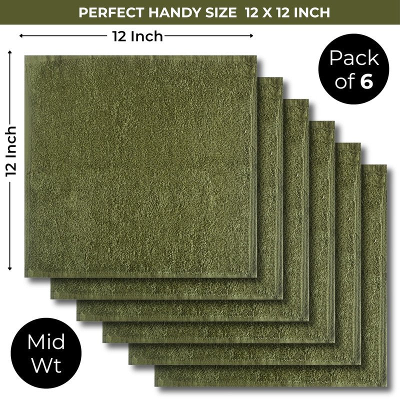 LIVINATI Sage Green 100% Cotton Wash Cloths for Showering Body and Face - 12"X12" 6 Pack Washcloths - Small Terry Towel Bath Rags for Adults and Kids Bathroom - Soft Absorbent