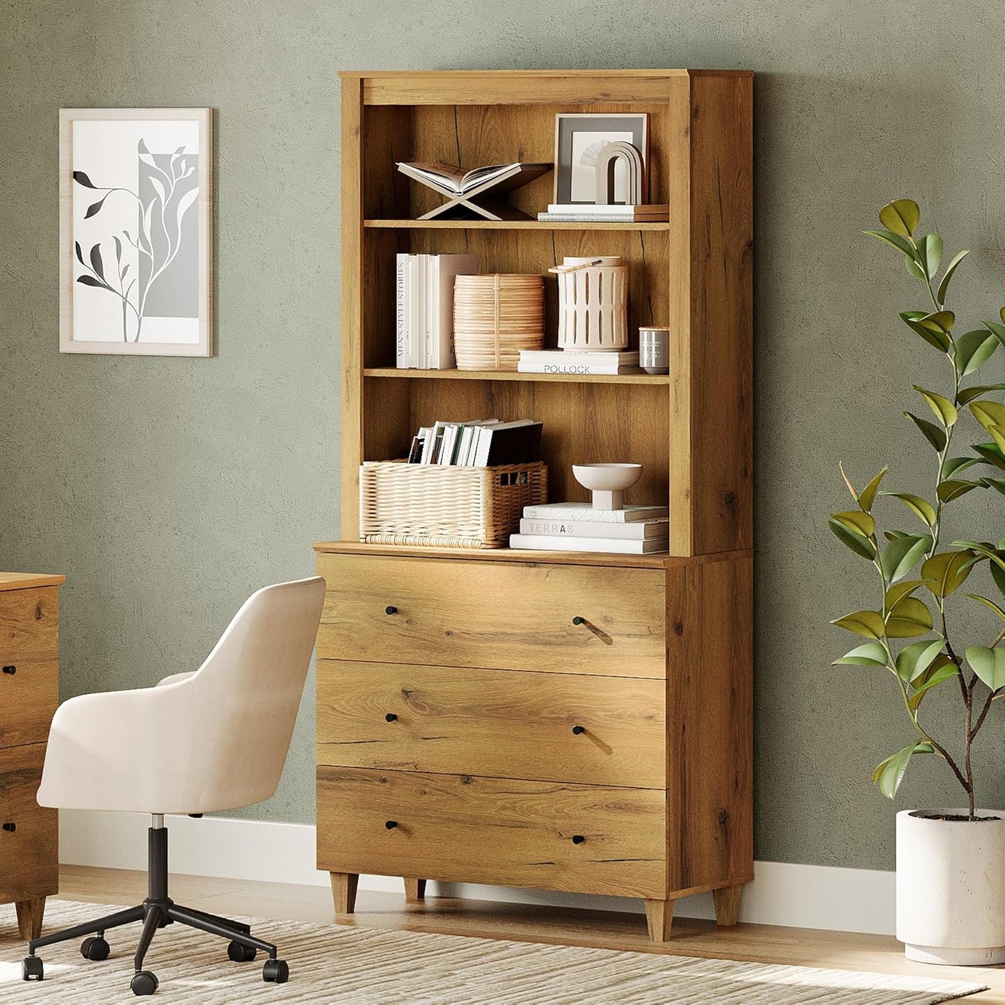 WAMPAT 71" Tall Bookcase - Modern 3-Tier Bookshelf with 3 Drawers & Adjustable Shelves | Oak Brown Finish