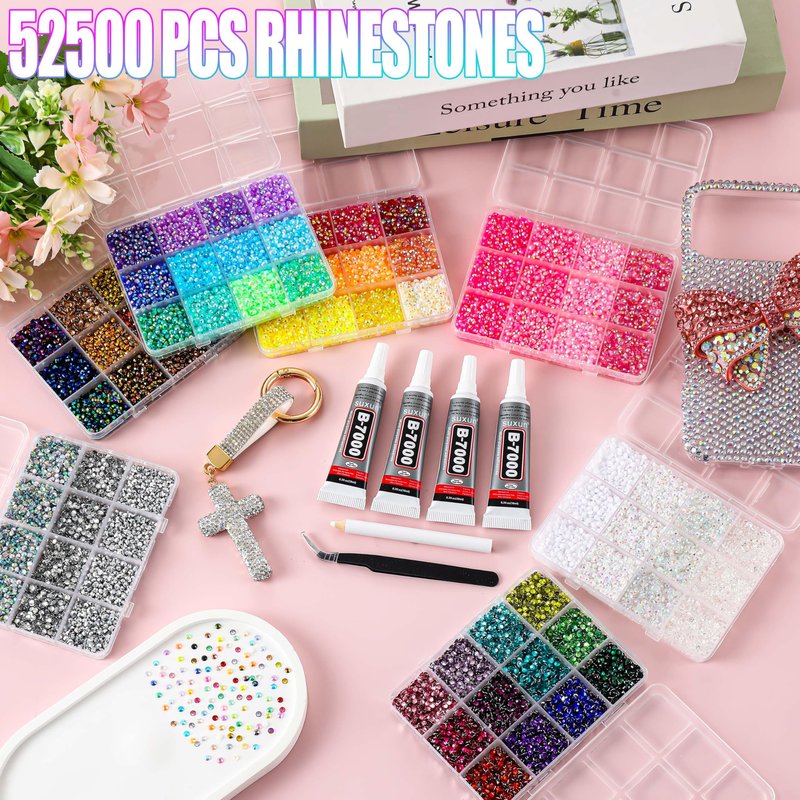 LERBOU 52500Pcs Bedazzling Kit with 7 Box – 59 Colors Rhinestones, 3mm Flatback Sparkling Gems with 4×10ml B7000 Jewelry Glue, Tweezers & Pickup Pen for Nail Art, Crafts, Clothing, Diamond Painting
