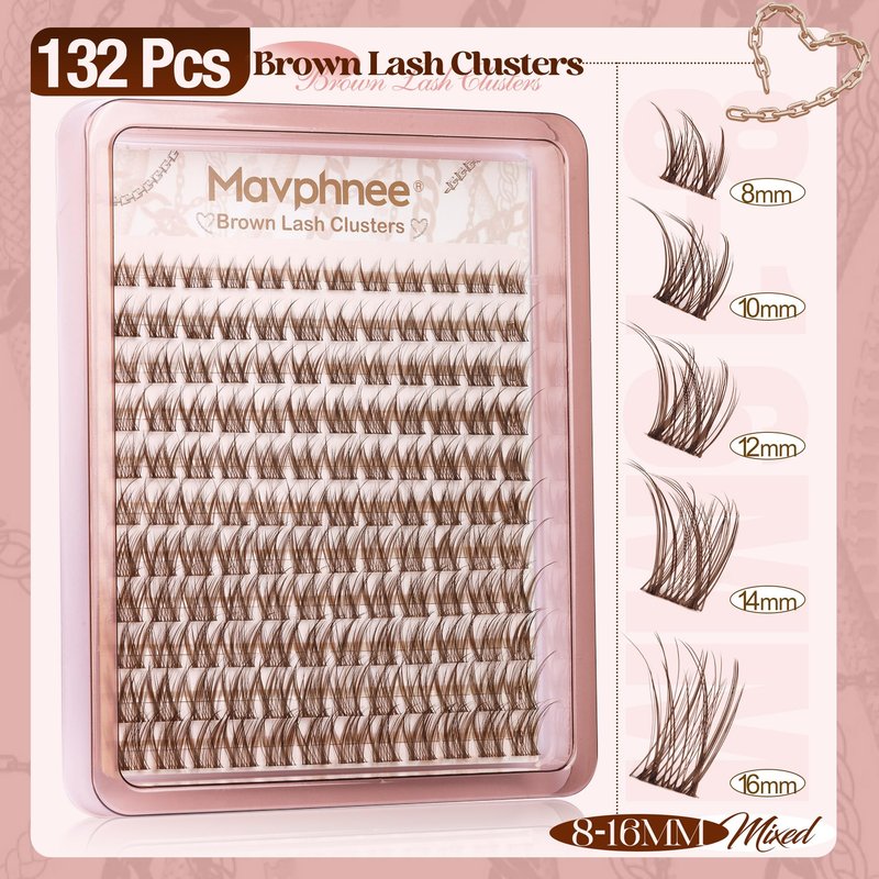 Mavphnee Brown Eyelash Clusters Wispy Lash Extension Cluster Natural Individual Lashes Dark Brown Cluster Eyelash Extensions Fairy Cluster Lashes Thin Band C-Curly DIY Lash Pack (132Pcs, 8-16MM)