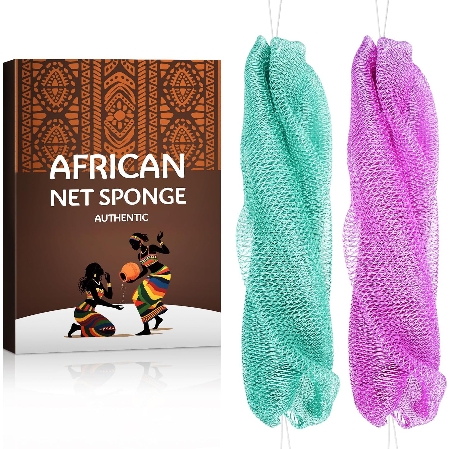 African Exfoliating Net Sponge Authentic - Real African Bath Sponge with Knots and Ropes - Back Scrubber Exfoliator Washer Cloth with Travel Bag - Body Shower Essentials for Daily Use