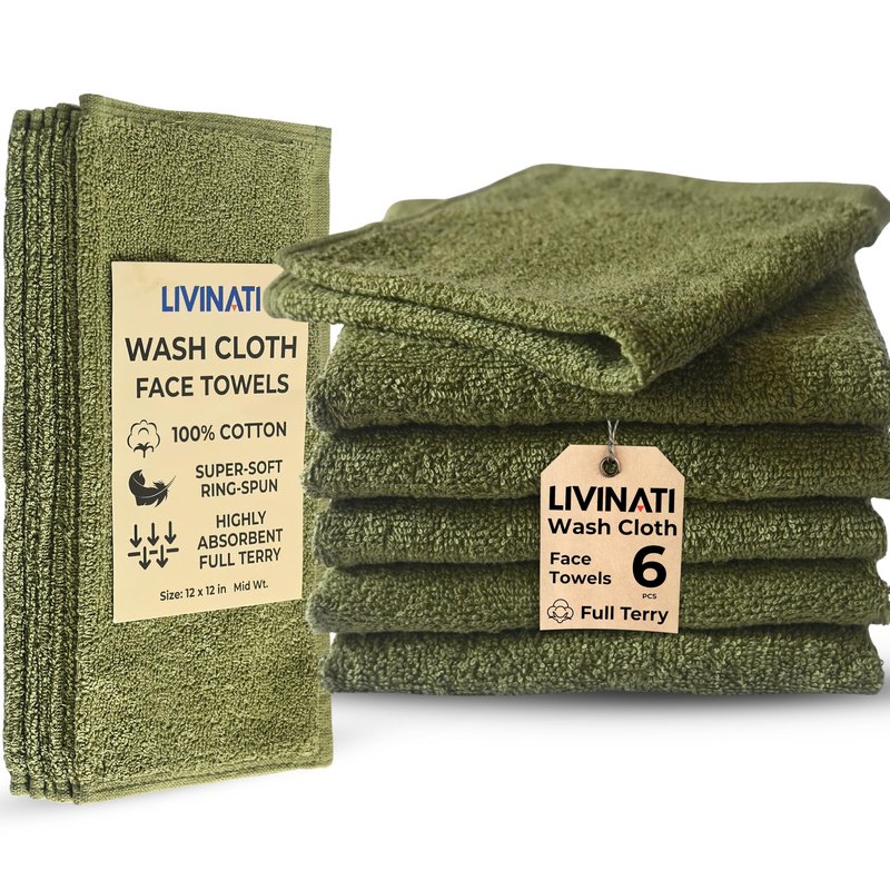 LIVINATI Sage Green 100% Cotton Wash Cloths for Showering Body and Face - 12"X12" 6 Pack Washcloths - Small Terry Towel Bath Rags for Adults and Kids Bathroom - Soft Absorbent