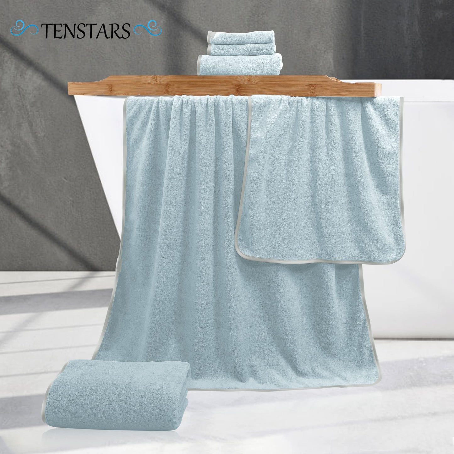 TENSTARS Microfiber Coral Velvet Luxury Silk Hemming Towel Set - Light Teal, 2 Bath Towels, 2 Hand Towels, 2 Washcloths - Ultra Soft, Absorbent, Quick Drying, Easy to Wash