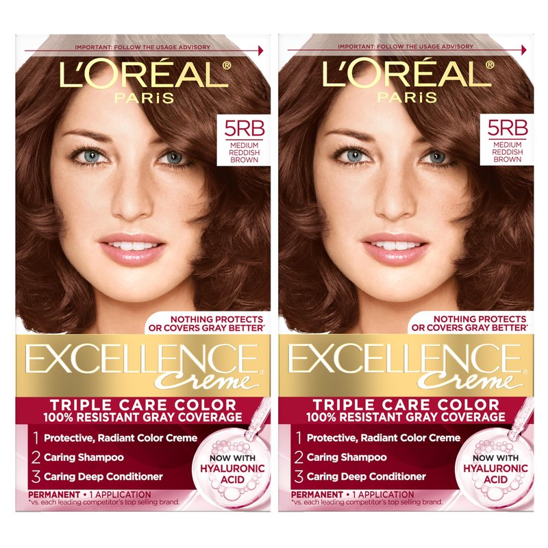 L'Oreal Paris Excellence Crème Permanent Hair Dye, Triple Care Hair Color with Hyaluronic Acid for 100% Gray Coverage, 5RB Medium Reddish Brown, 1 Kit (Pack of 2) (Packaging May Vary)