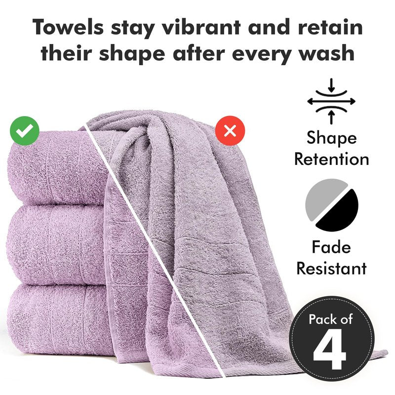 Novo Home Bath Towels Set of 4 – 100% Cotton Lilac Extra Large Towels for Bathroom, Spa Use (55x28 in) – Super Soft and Quick Dry Large Bath Sheets for Adults