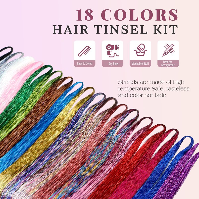 Brdlock 18 Colors Hair Tinsel, 48 Inch Hair Tinsel Kit Heat Resistant Fairy Hair Glitter Extensions Accessories for Women Girls Sparking Tinsels for Christmas Party Festival