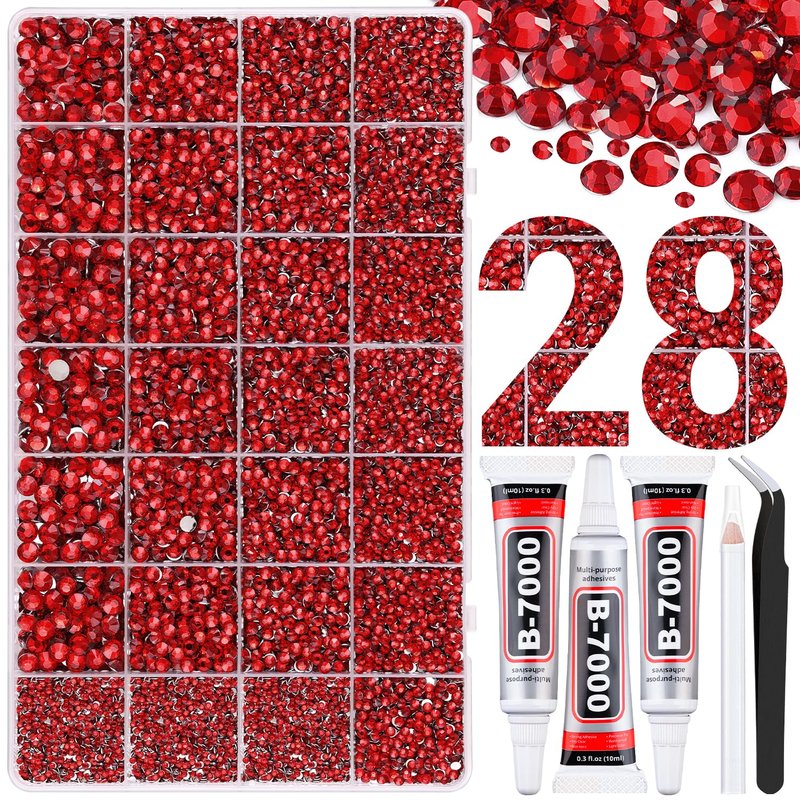 30000Pcs Resin Rhinestones for Bedazzling with Tweezers, Red Rhinestones for Crafting with 3Pcs 10ml B7000 Jewelry Glue for DIY Crafts Clothing Tumblers Shoes Fabric Nail Art