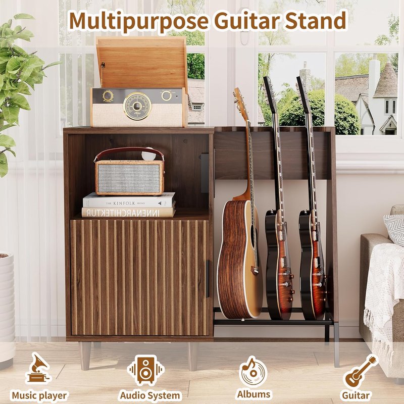 Guitar Stand with Vinyl Record Storage - Multi-Guitar Holder & Power Outlet | Ideal for Acoustic, Electric, Bass, Amp