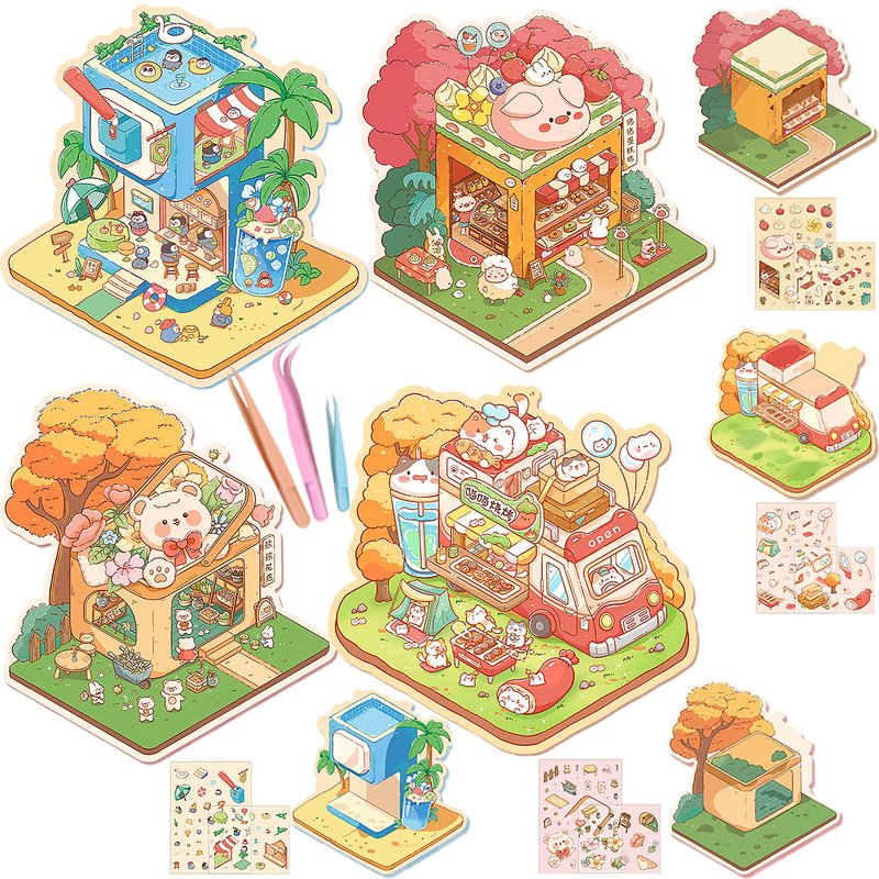 3D Scene Stickers DIY Craft Kit Cartoon Animal House Sticker for Kids Adults with 3 Tweezers Sticker Therapy Stress Relief Gift（4 Sets）