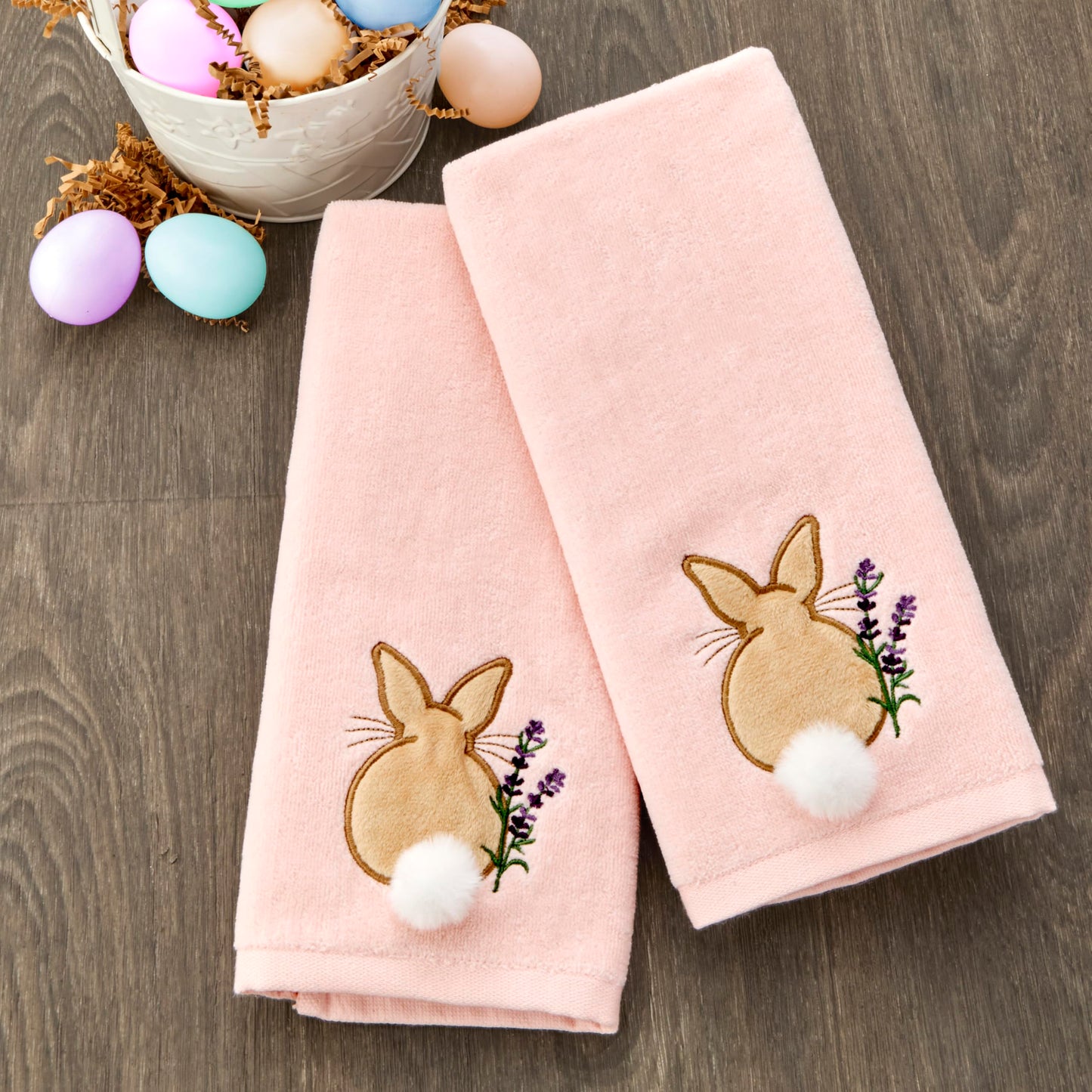 SKL Home Easter Cotton Tail 100% Cotton Embroidered 2pc Hand Towel Set with 3D Embellishment, Decorative for Bath/Kitchen/Bar & Gift, Pink