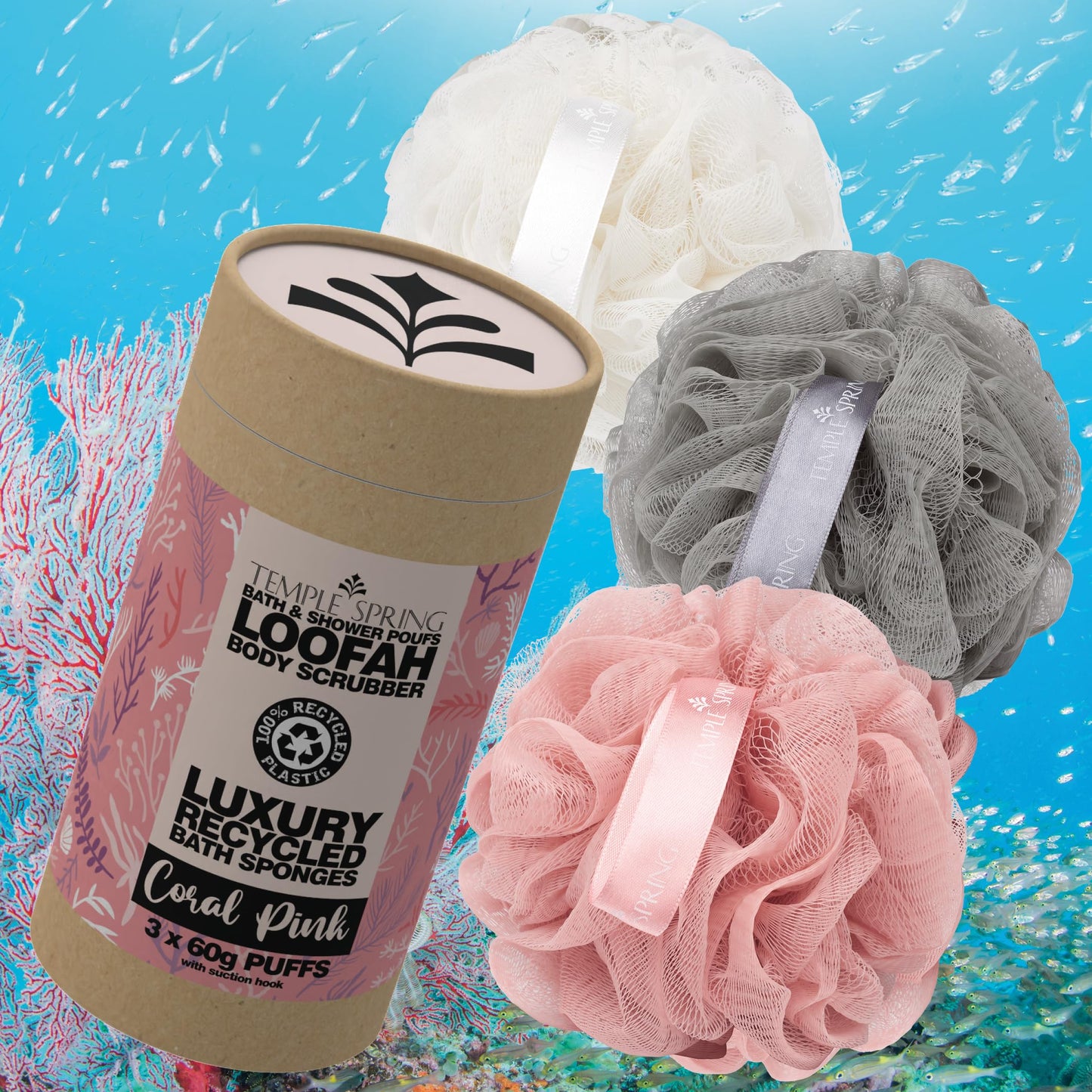 Temple Spring Soft Mesh Shower Loofah Sponge 3-Pack (60g Each) — Gentle Exfoliating Body Scrubber for Rich Lather & Smooth Skin, Bath Sponge for Women & Men, 100% Recycled Materials with Suction Hook