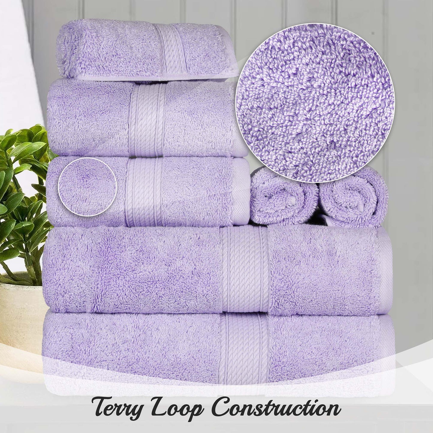 Superior Egyptian Cotton Pile 9 Piece Towel Set, Includes 3 Bath, 3 Hand, 3 Face Towels/Washcloths, Ultra Soft Luxury Towels, Thick Plush Essentials, Guest Bath, Spa, Hotel Bathroom, Purple