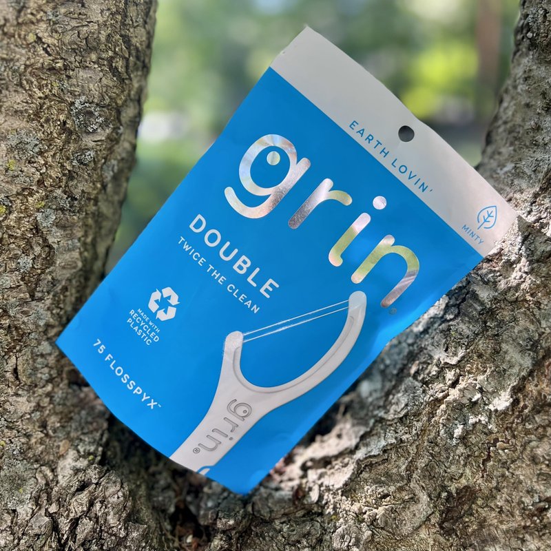 GRIN Double Flosspyx, Floss Picks, 75 Count, Dental Flossers, Minty Flavor, Recycled Plastic, 2 Lines of Strong Floss, Longer Floss Head, Traps Food and Plaque, Includes Safe Soft Fold-Back Tooth Pick