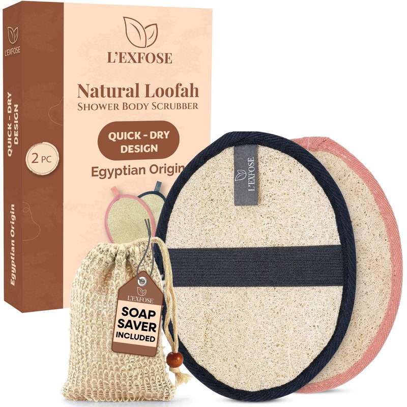 L'Exfose Organic Natural Loofah Body Scrubber for Shower – Dual Sided Egyptian Fiber Plastic Free Loofah – Quick Dry Natural Body Scrubber with Sisal Soap Saver Bag – Minimal Spa Gift for Men Women