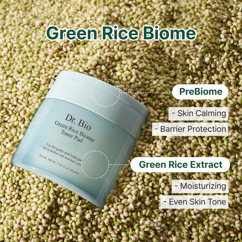 Dr.Bio Green Rice Biome Toner Pad (5.54oz/60 Pads) with Probiotic, Exfoliating, Remove Blackheads & Whiteheads, Radiant Skin, Dual-Sided Pad for Sensitive Skin, Fragrance-Free, Vegan Korean Skincare