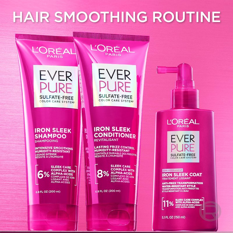 L'Oreal Paris Sulfate Free Iron Sleek Smoothing Shampoo and Conditioner, Frizz Control and Humidity-Resistant Formula with Alpha-Acids, EverPure Hair Care, 1 Kit