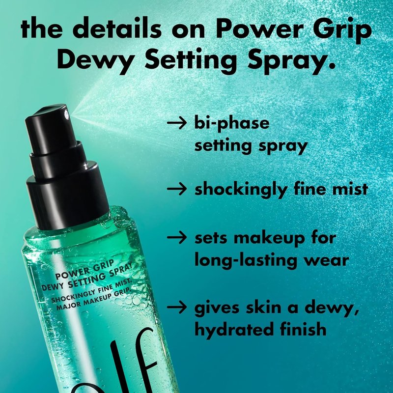 e.l.f. Power Grip Dewy Setting Spray - Ultra-Fine Mist with Hyaluronic Acid for Hydrated, Dewy Finish | Vegan & Cruelty-Free