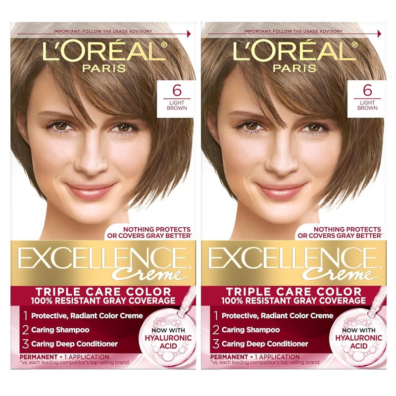 L'Oreal Paris Hair Dye - Excellence Crème for 100% Gray Coverage | 6 Light Brown, 2 Kits