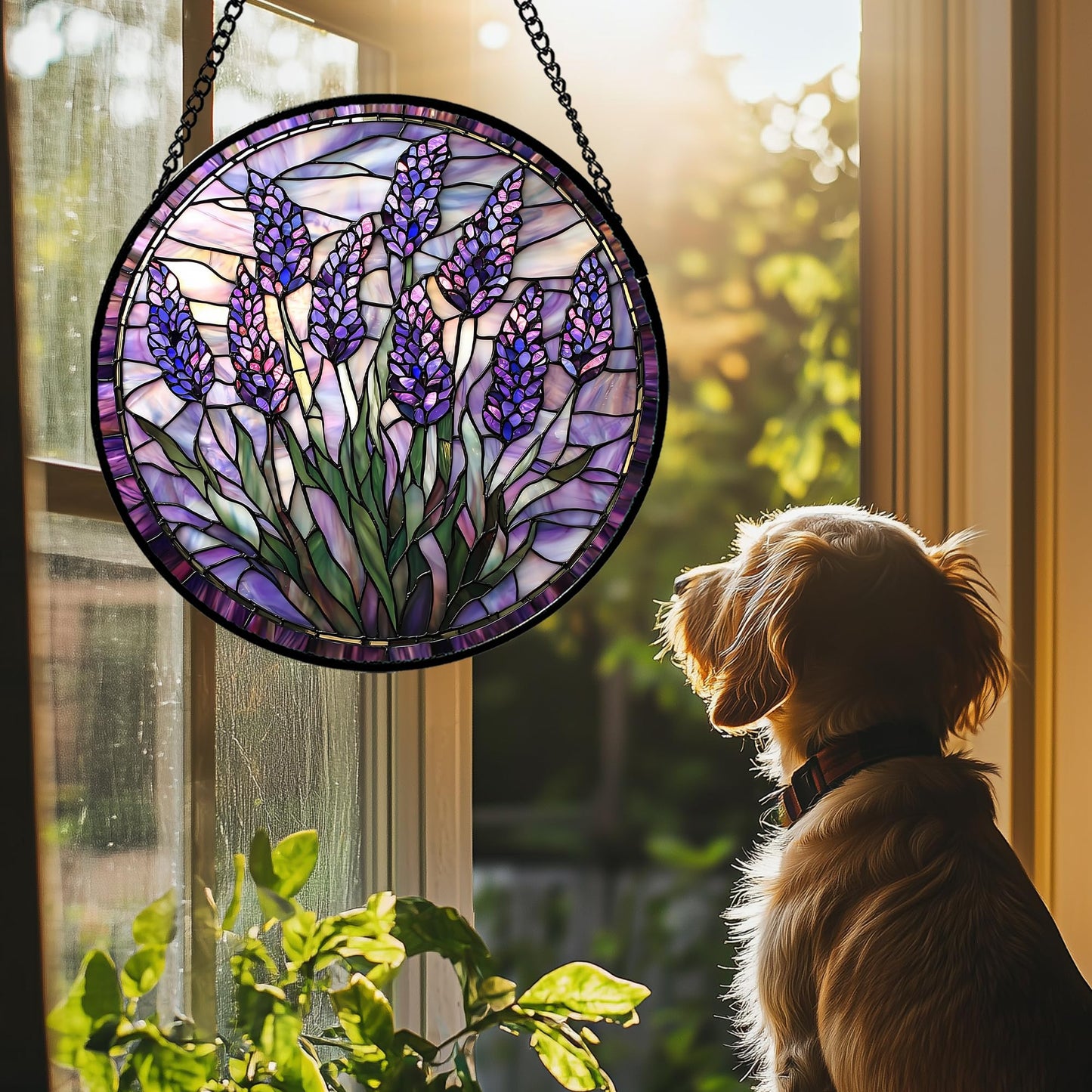 JOSUMALY Stained Glass Window Hanging - Purple Flowers Suncatcher for Door Terrace Garden Home Decor Lavender Plant Floral Sun Catcher Birthday Gifts for Lovers Women Men Dad Mom Nana 7.8 in