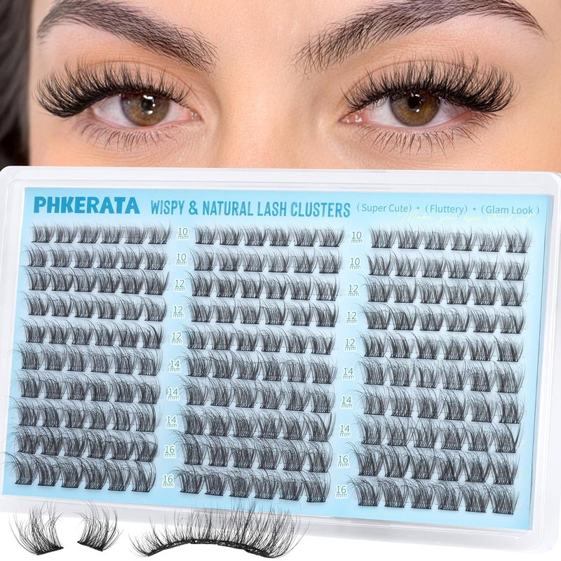 PHKERATA Wispy Lash Clusters Natural Eyelash Clusters 180Pcs Cluster Eyelash Extensions C Curled Cluster Lashes DIY Individual Lashes Soft Eye Lash Extension with Ultra-thin Band, 10-16MM