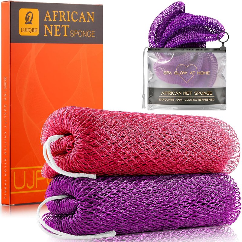 African Net Sponge Exfoliating Body Scrubber - 2-Piece Set for Deep Cleansing & Dead Skin Removal | Pink & Purple
