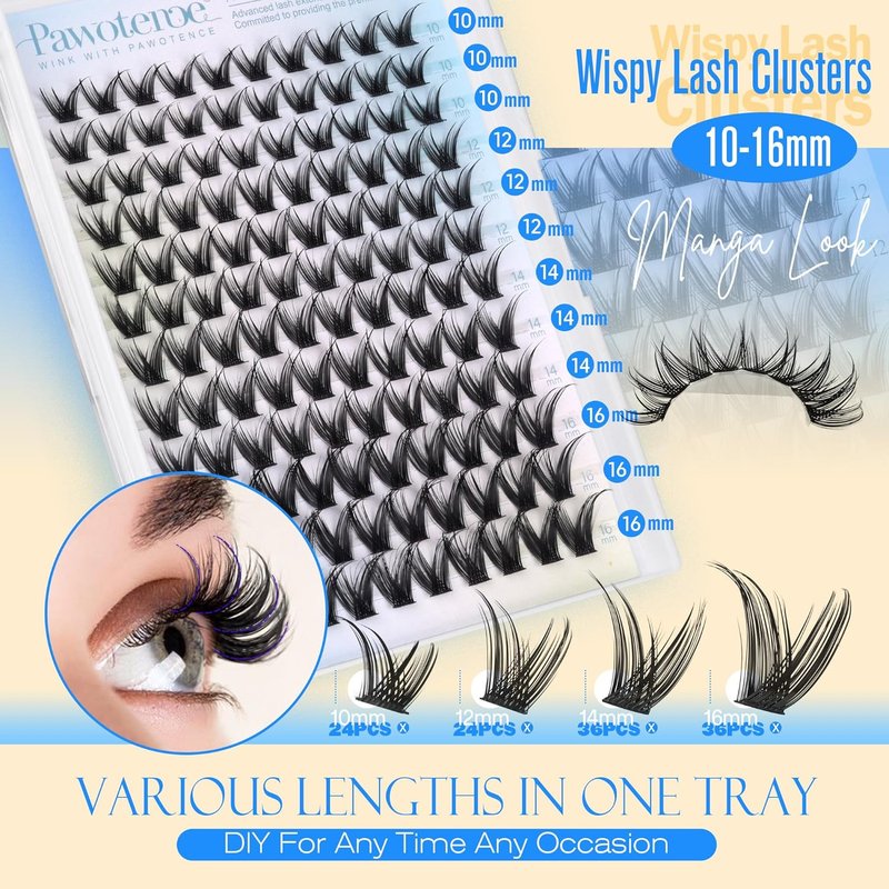Pawotence Manga Lash Clusters - Wispy Individual Eyelash Extensions 10-16mm for DIY Glam Looks