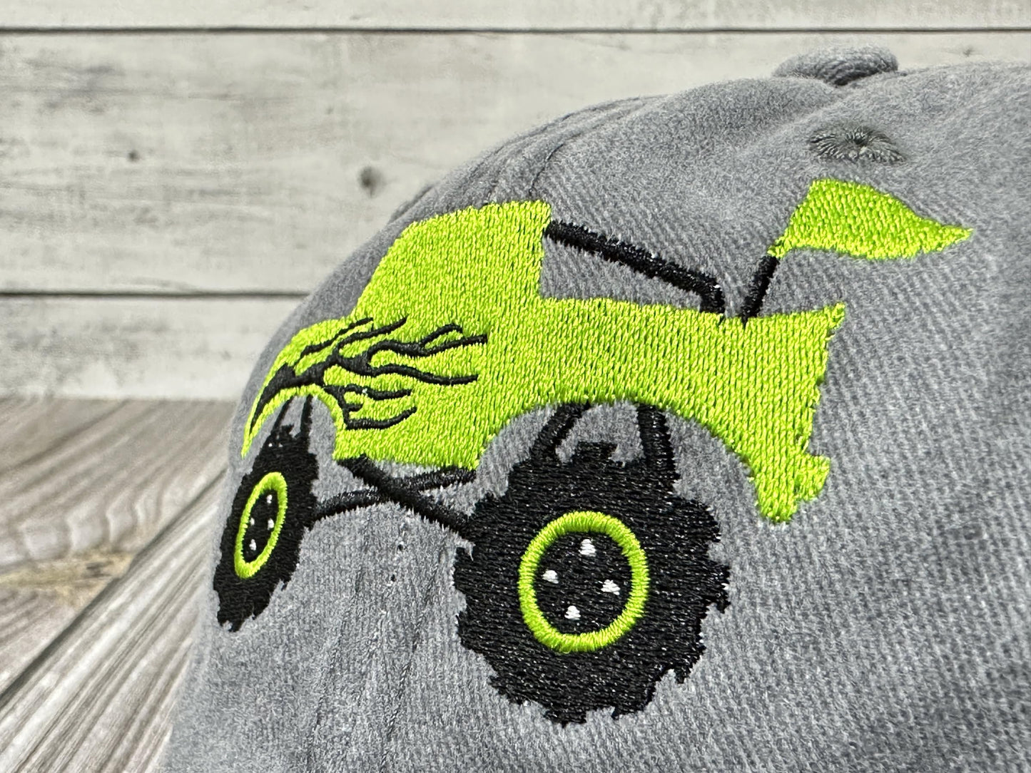 Shenbors Embroidered Monster Truck Hats for Boys Girl, Children's Washed Gray Adjustable Baseball Cap Dad Hat for Kids Child