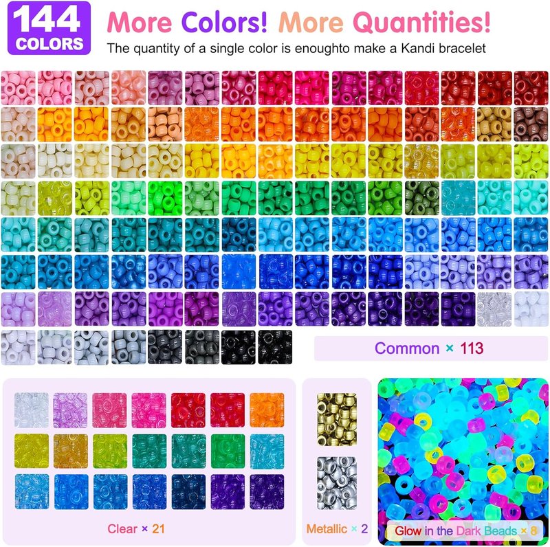 Pony Beads Kit - 5000 Pcs in 144 Colors | 6x9mm Kandi Beads for Friendship Jewelry & DIY Crafts