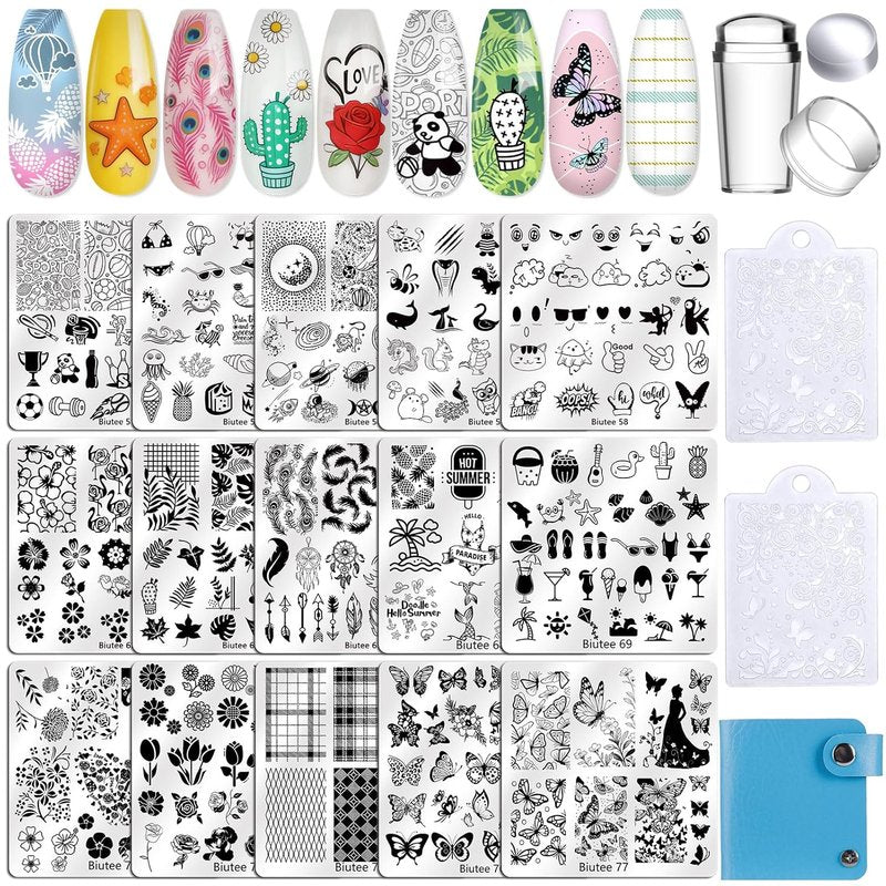 Biutee Nail Stamping Kit - 15 Floral & Animal Plates with Clear Stamper & Scrapers | DIY Nail Art for Beginners