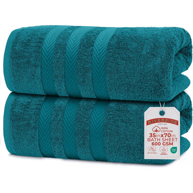 RIVERSIDE Pack of 2 Extra Large Bath Sheets 35 x 70 Inches, 100% Ring Spun Cotton, Hotel Quality, Oversized Bath Towels for Adults, Soft, Highly Absorbent & Quicker to Dry, Teal