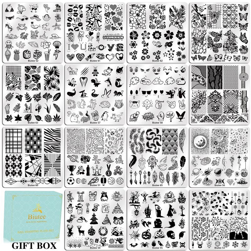 Biutee Nail Stamping Plates Set - 15PCS Nail Art Kit with Stamper, Scraper & Storage Bag | Floral & Holiday Designs