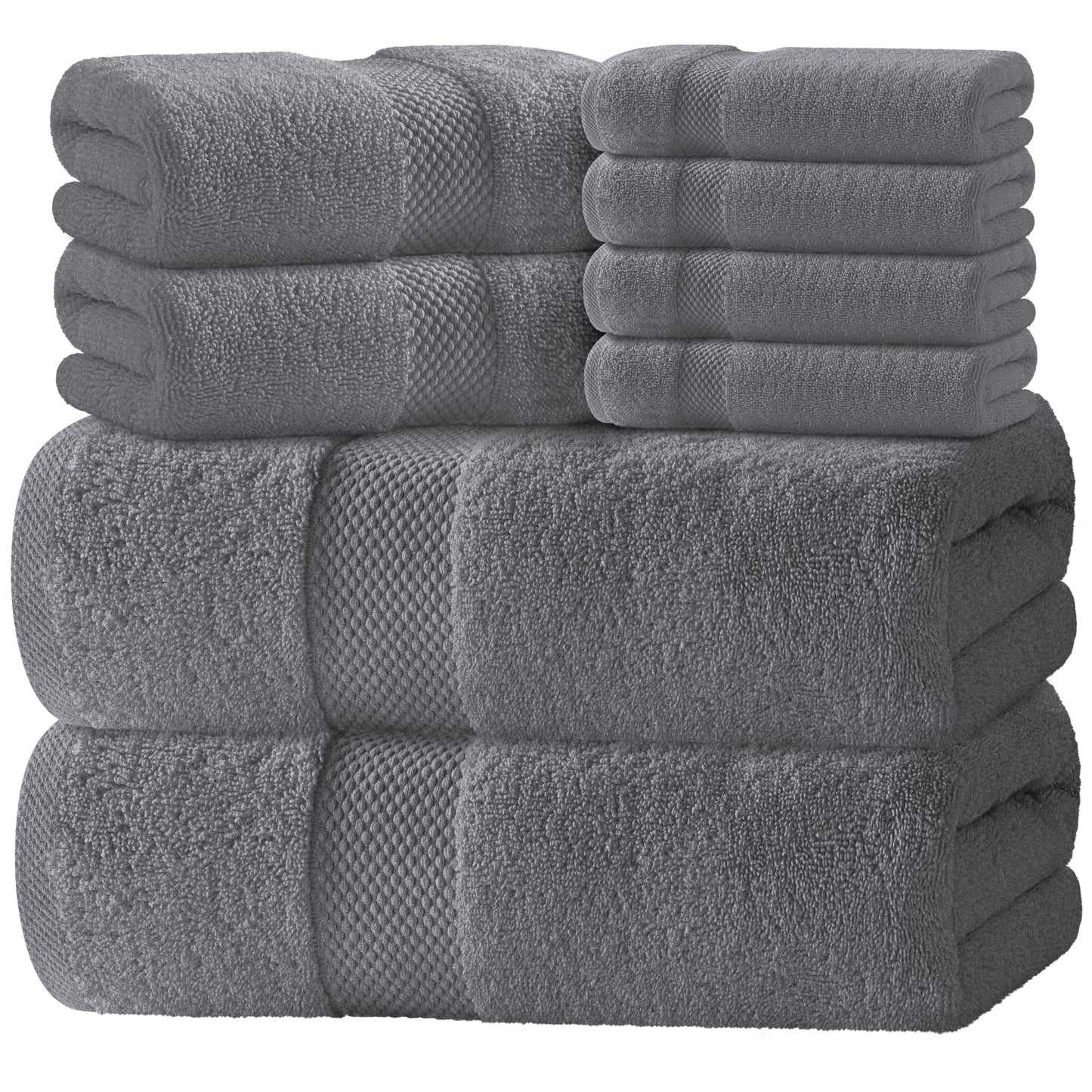White Classic Luxury Bath Towel Set of 8 Pieces - 100% Turkish Cotton Highly Absorbent Towels for Bathroom, 2 Luxury Bath Towels 700GSM, 2 Hand Towels, 4 Washcloths, Dark Gray