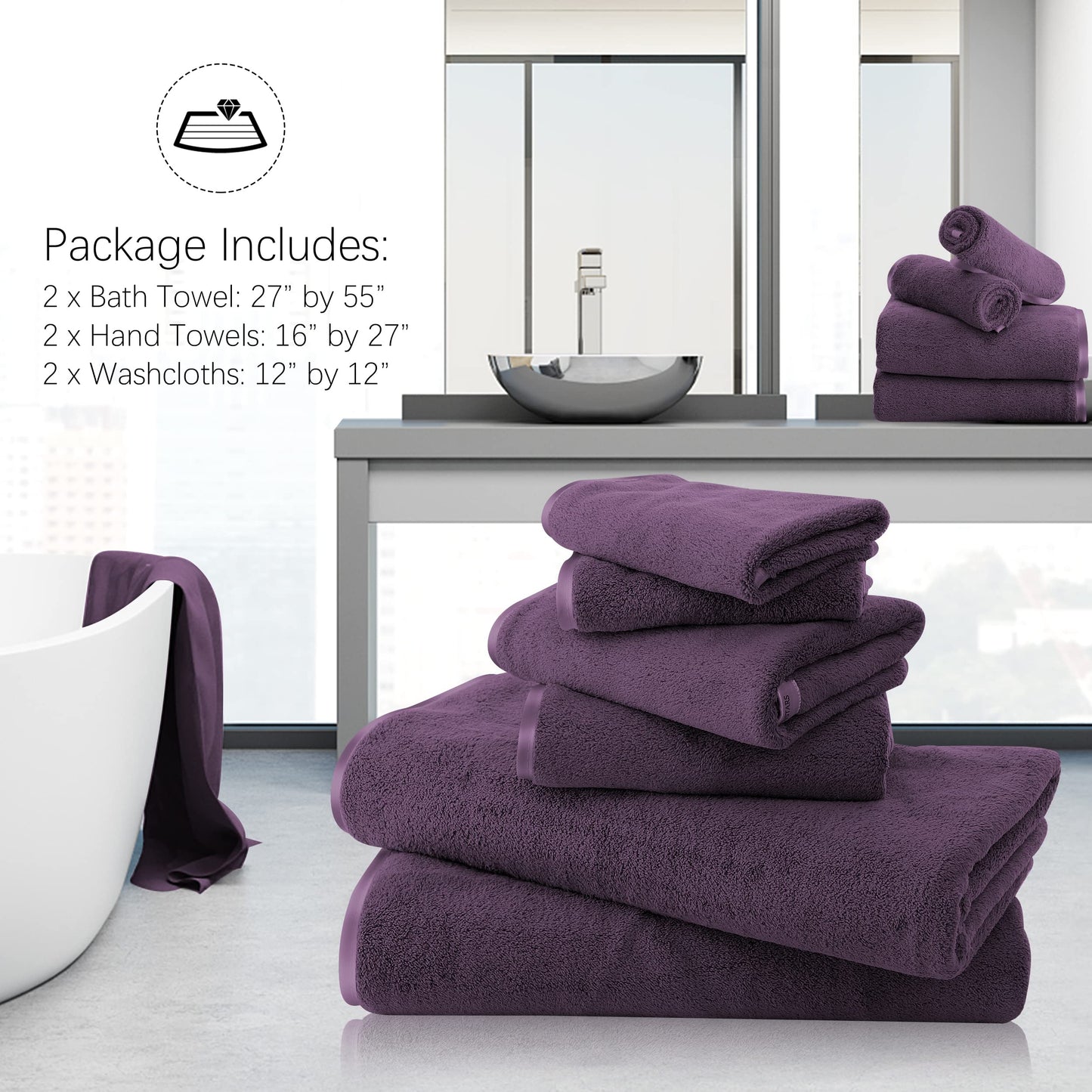 TENSTARS Luxury Silk Hemming Towel Set - Light Thin Quick Drying - 2 Bath Towels 2 Hand Towels 2 Washcloths - Ultra Soft Microfiber Towel for Bath Fitness, Sports, Yoga, Travel (Grape Purple 6 Pieces)