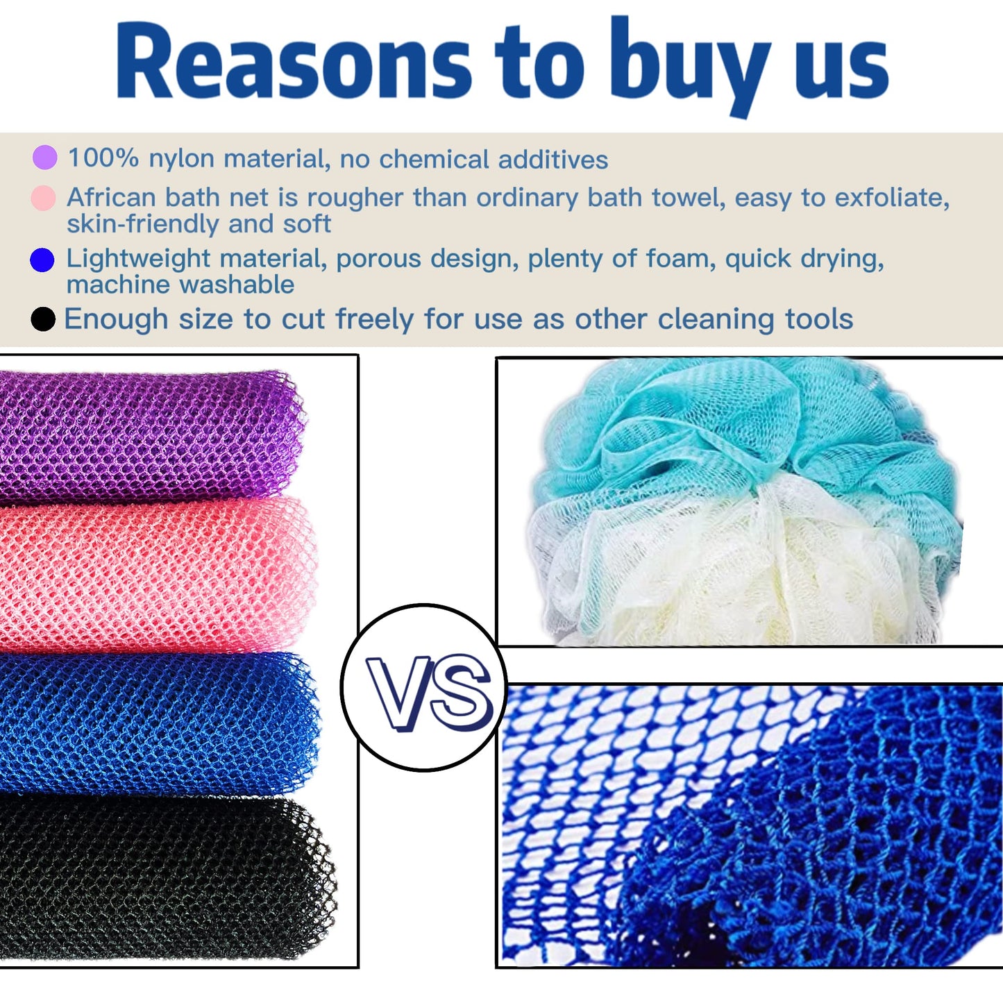 SPMKTBOZAI 4 Pack African Net Sponge for Women and Men – Extra Long Nylon Bath & Back Scrubber, Stretchable Exfoliating Shower Body Scrubber for Daily Use, Travel Portable Spa Gift